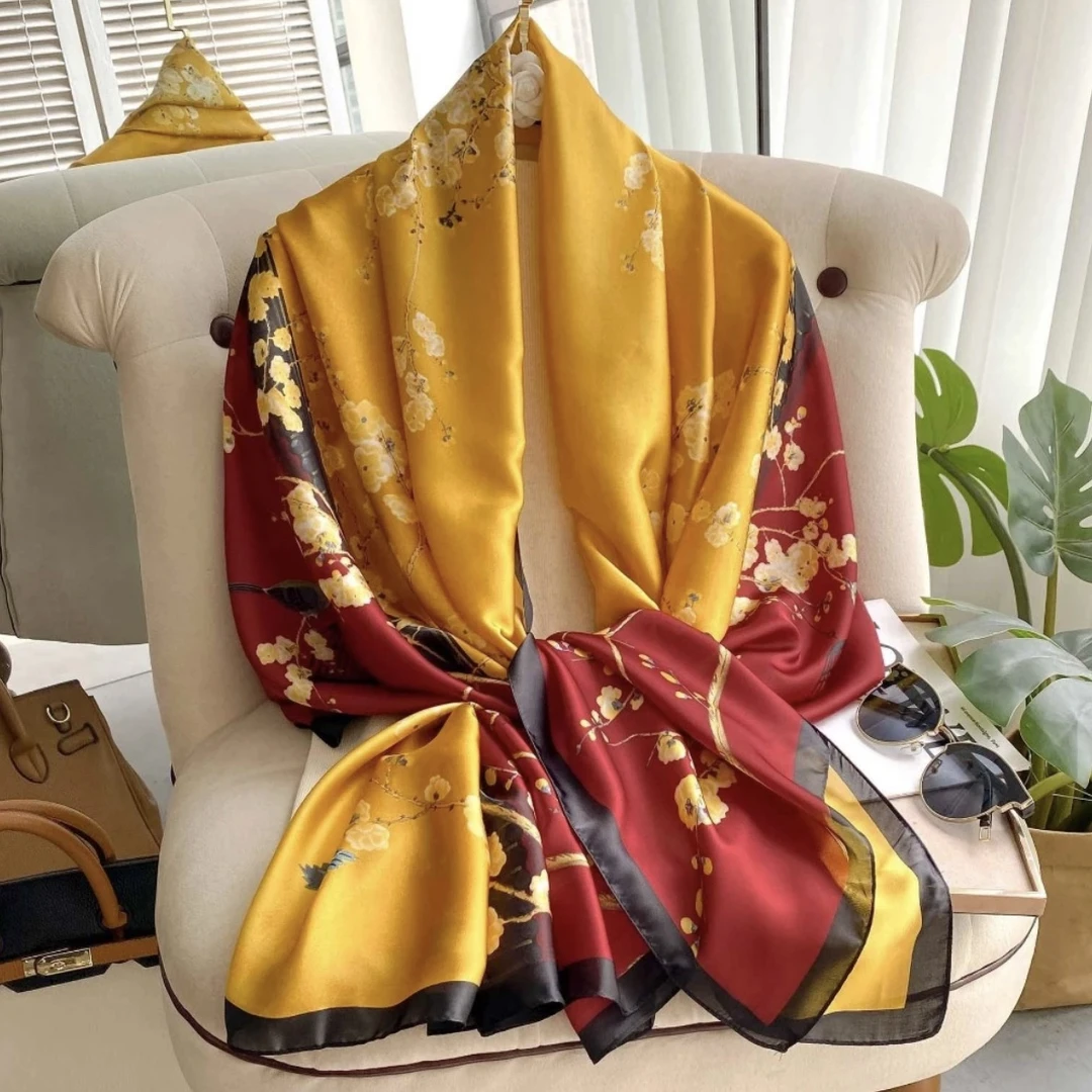 042喜上眉梢丽锦缎80*180女士洋气丝巾长条披肩薄款高档百搭围巾
