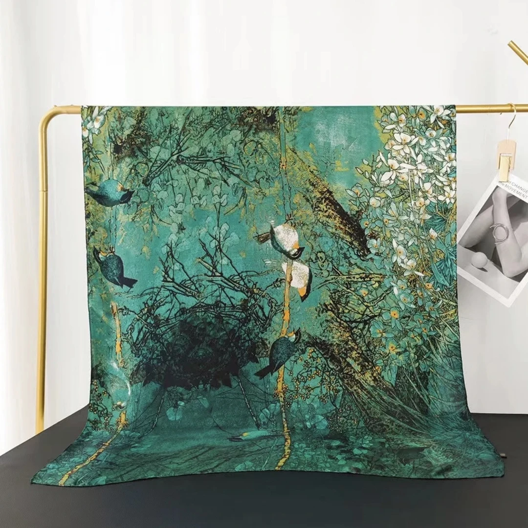 002 历锦锻丝巾翠鸟新款时尚百搭印花高奢围巾绿色高端披肩80*180