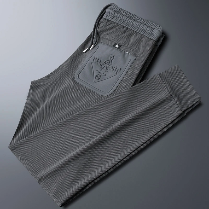 高端时尚华夫格冰丝休闲运动裤男修身束脚夏季薄款垂感小脚卫裤男