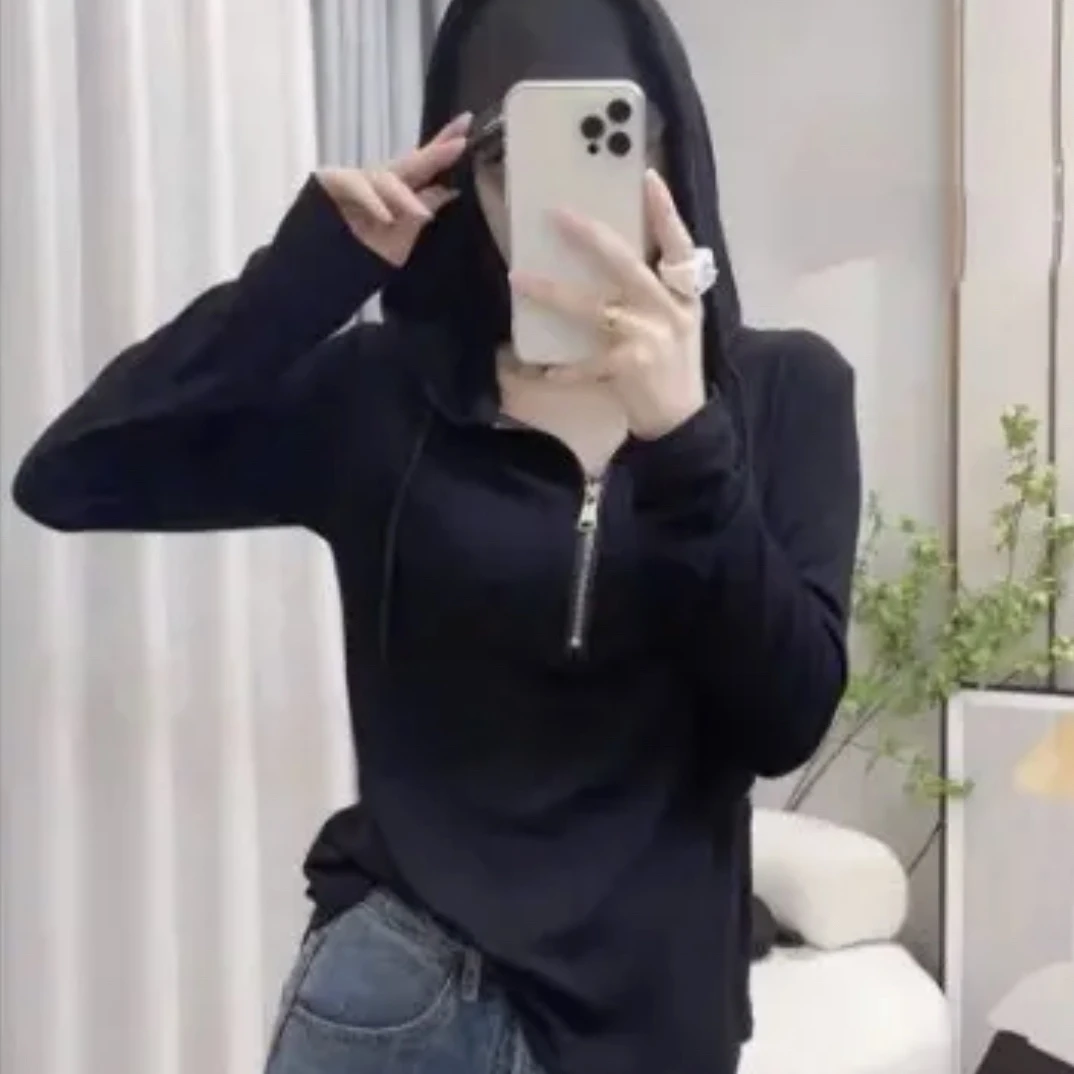 2025春秋大码半拉链宽松连帽卫衣女新款显瘦百搭外穿