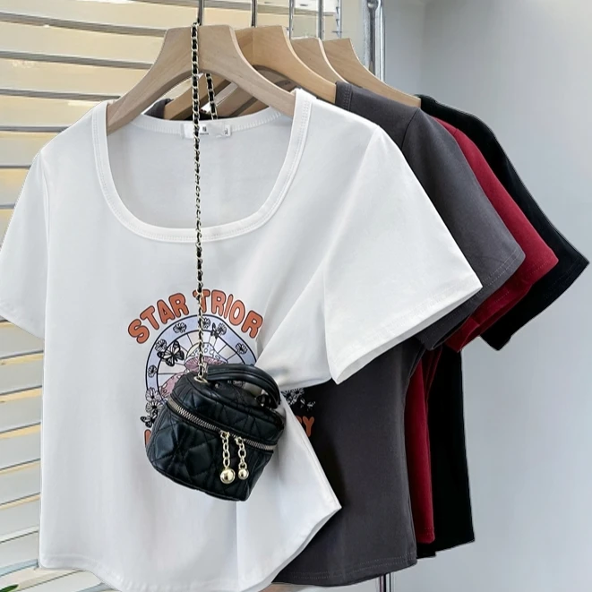 大码印花正肩T恤女夏季新款百搭显瘦穿搭遮肚子设计感小众上衣