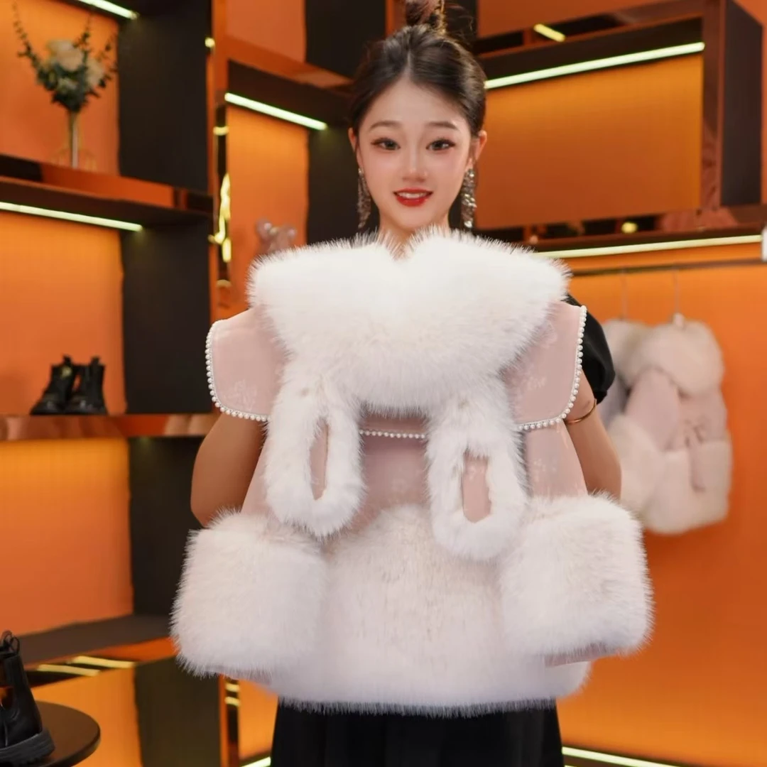 [MH 美画]-2024冬季女童卡通兔耳朵粉色小香风皮毛一体外套