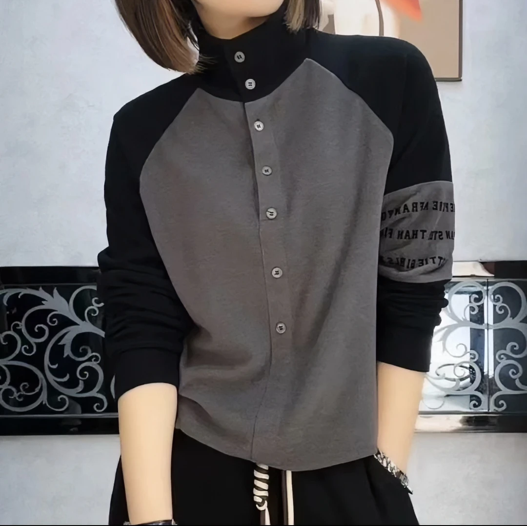 2023新款秋冬撞色拼色设计双面绒打底衫百搭保暖长袖气质上衣网红