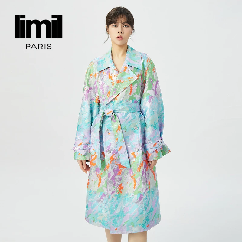 阿玛施丽米儿lil新款女装翻领系带油画风衣中长款外套9400122