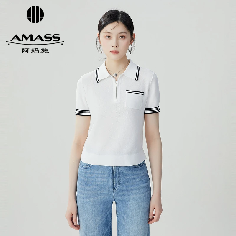 阿玛施AMASS时尚休闲简约显瘦气质小香风针织短袖POLO衫女5399694