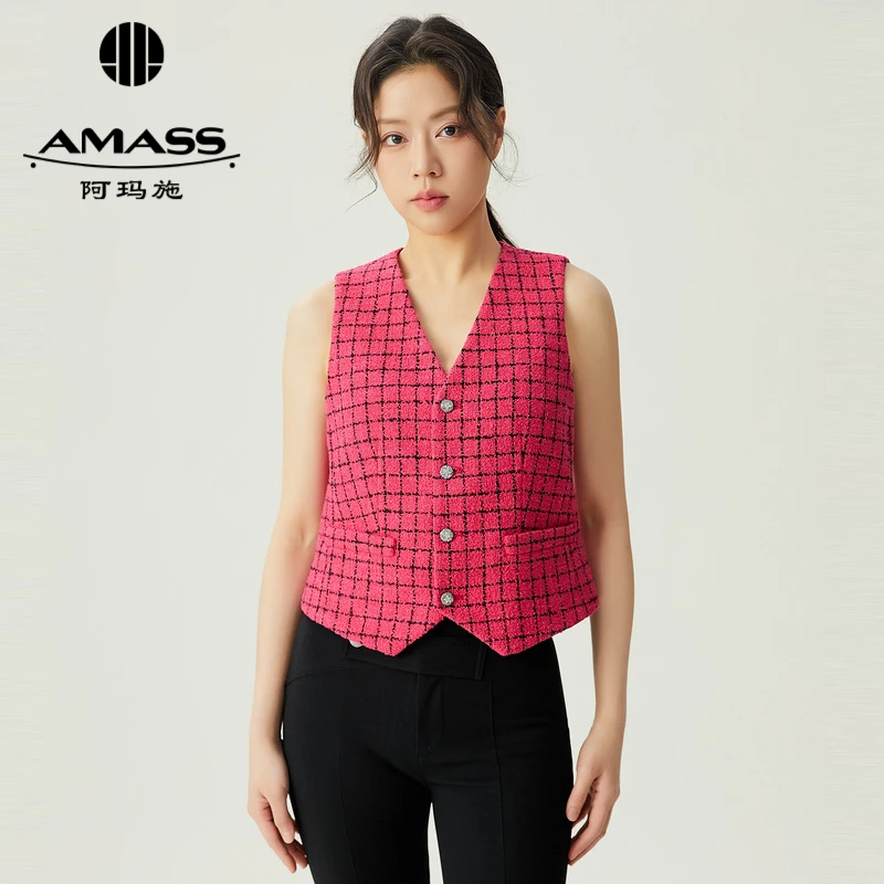 阿玛施AMASS新款女装百搭复古亮桃色格纹西装小马甲外套5400763