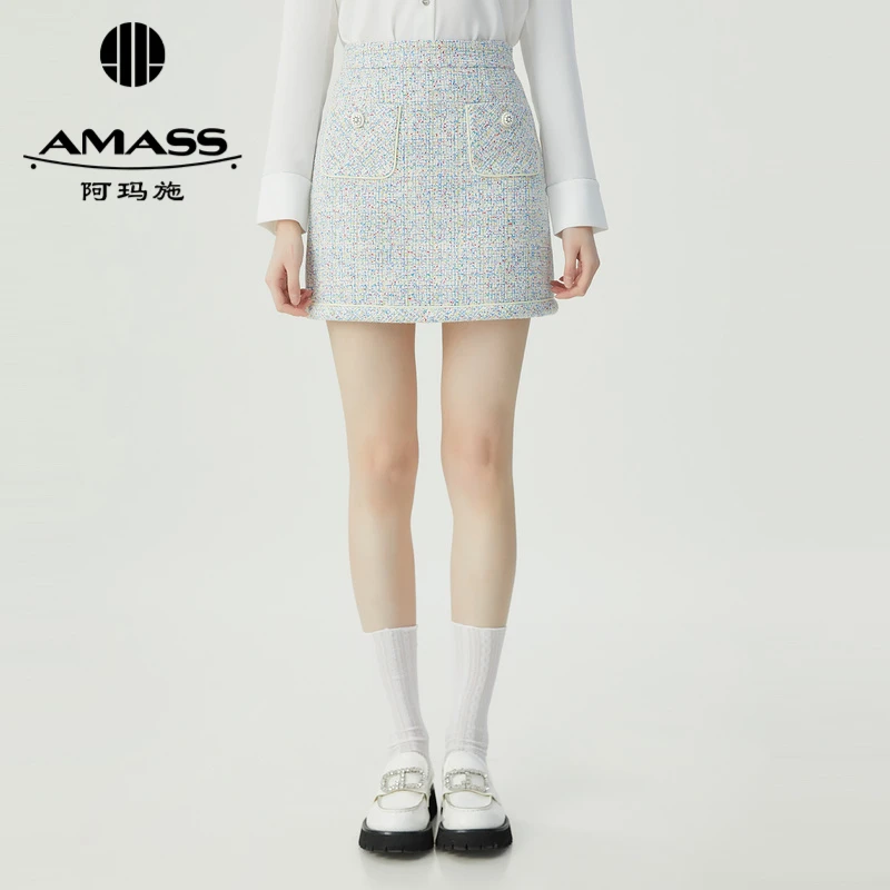 阿玛施AMASS新款气质嫩莱姆绿花呢短款A字裙中腰半身裙5200403