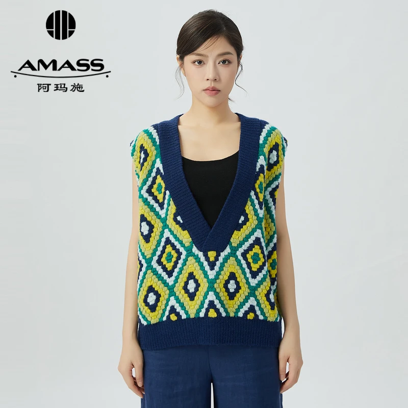 阿玛施AMASS新款女装百搭个性提花V领廓形造型针织马甲5399582-2