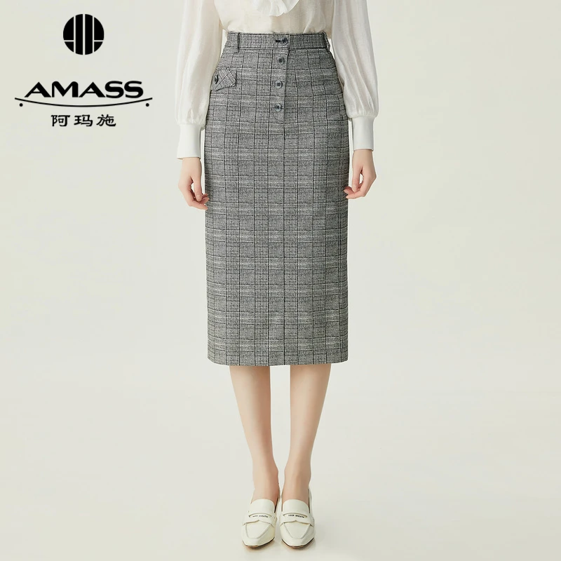 阿玛施AMASS新款女装复古经典格纹质感优雅包裙半身裙中裙5200440