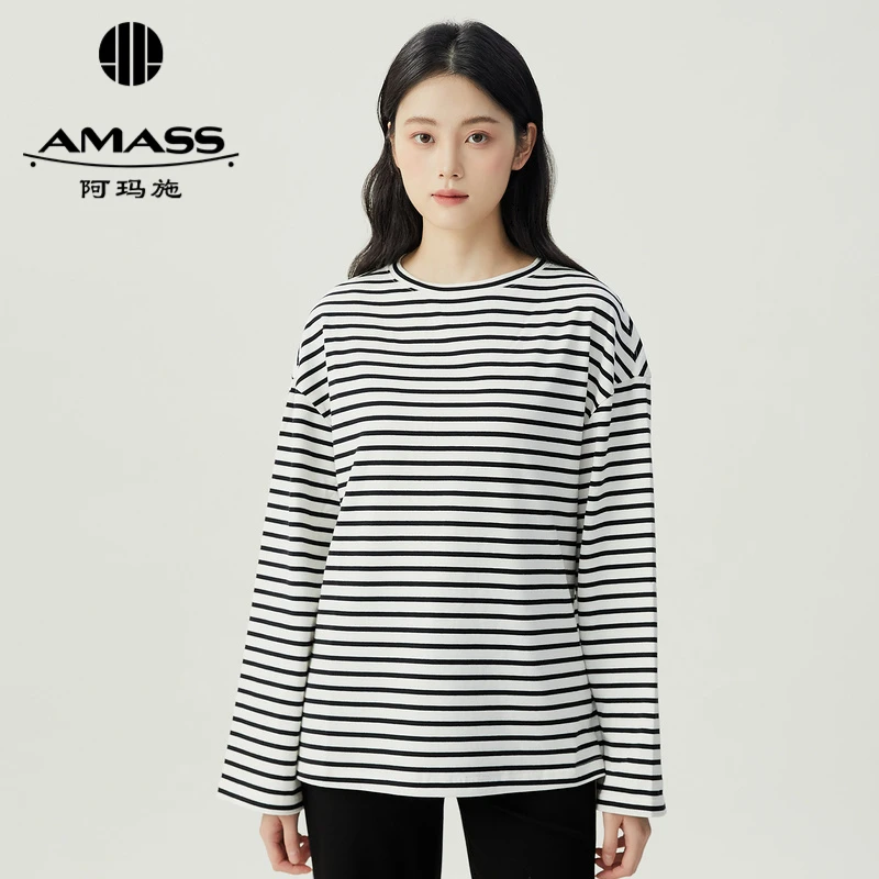 阿玛施AMASS新款女装经典休闲时尚条纹长袖圆领廓形T恤5301090