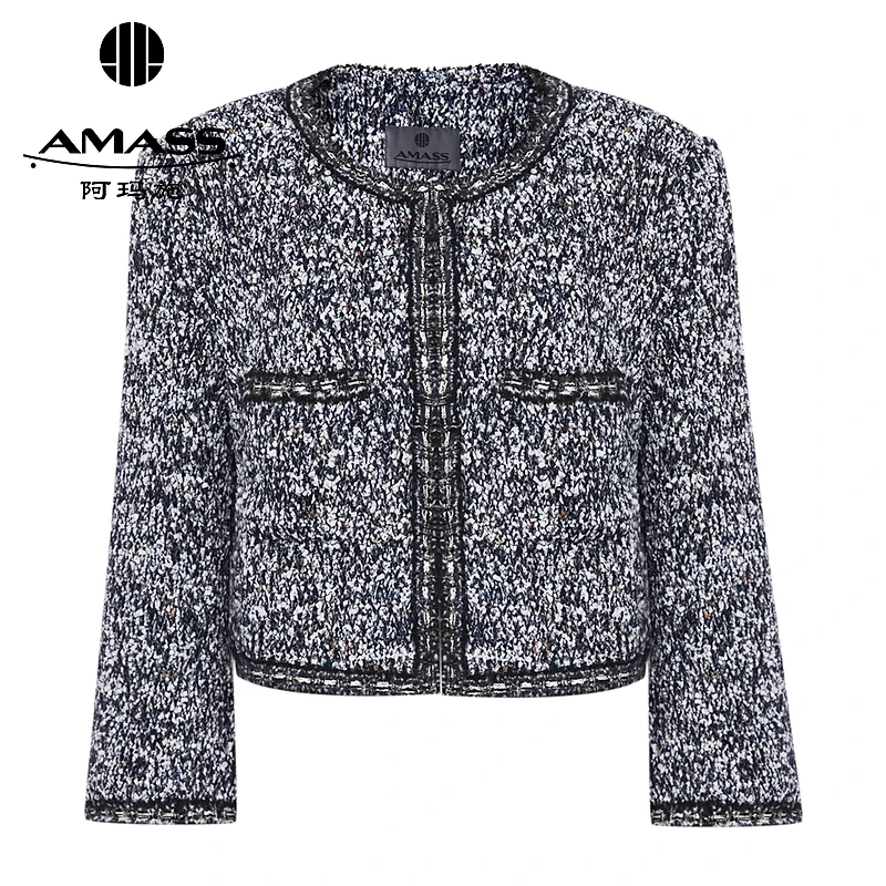 阿玛施AMASS秋冬新款时髦通勤气质百搭短款圆领小香风外套5400589