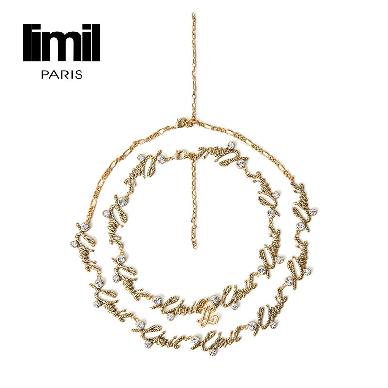 铜仿水晶项链 阿玛施丽米儿lil时尚金属logo镶钻双层项链990001