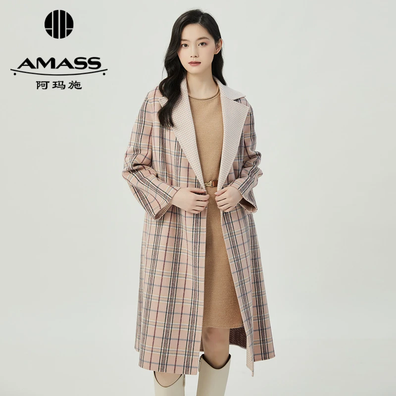 阿玛施AMASS绵羊毛中长款格纹长袖毛呢外套宽松双面呢大衣5400602