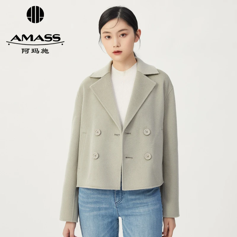 阿玛施AMASS双排扣休闲百搭气质山羊绒短款长袖毛呢外套女5400705