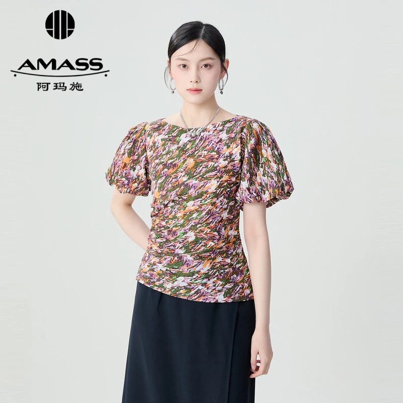 【二折商品，不退不换】阿玛施AMASS印花显瘦气质短袖上衣女5301029