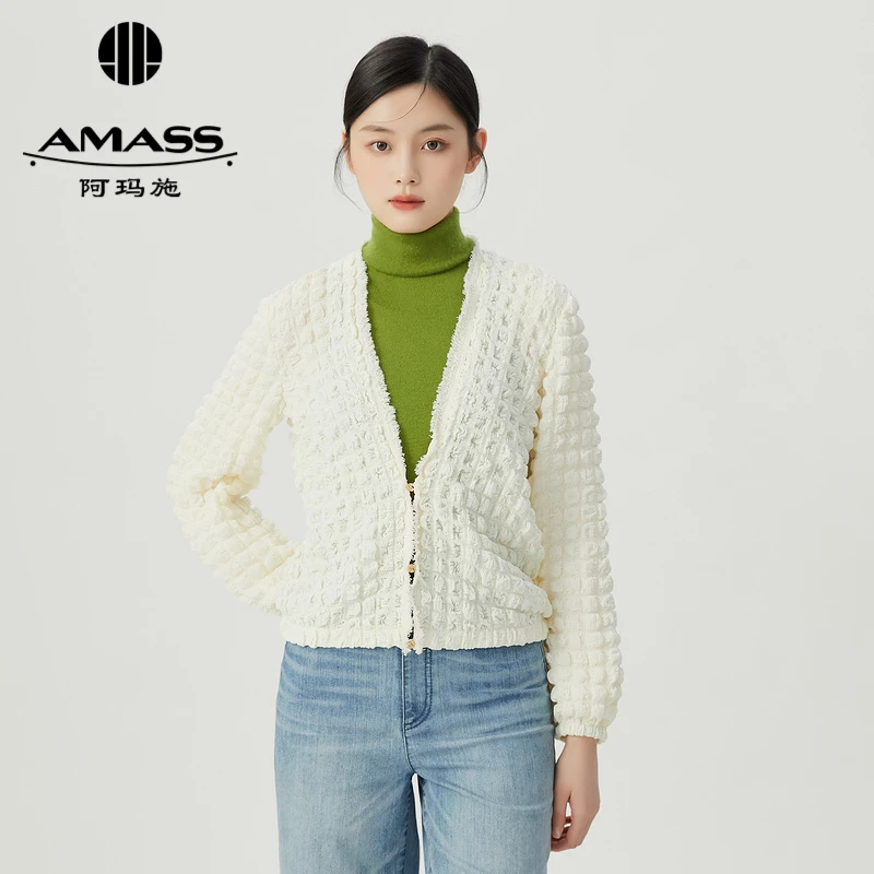 阿玛施AMASS白牌限量款新款女装气质V领软糯百搭长袖开衫6400049