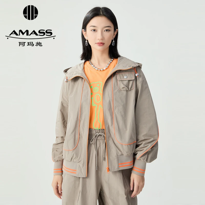 阿玛施AMASS时尚轻运动休闲简约撞色百搭连帽夹克外套女5400915