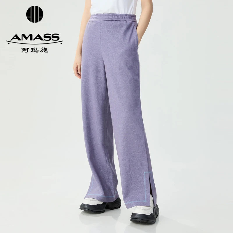 阿玛施AMASS新款女装时尚松紧腰细闪面料休闲运动风直筒裤5100539