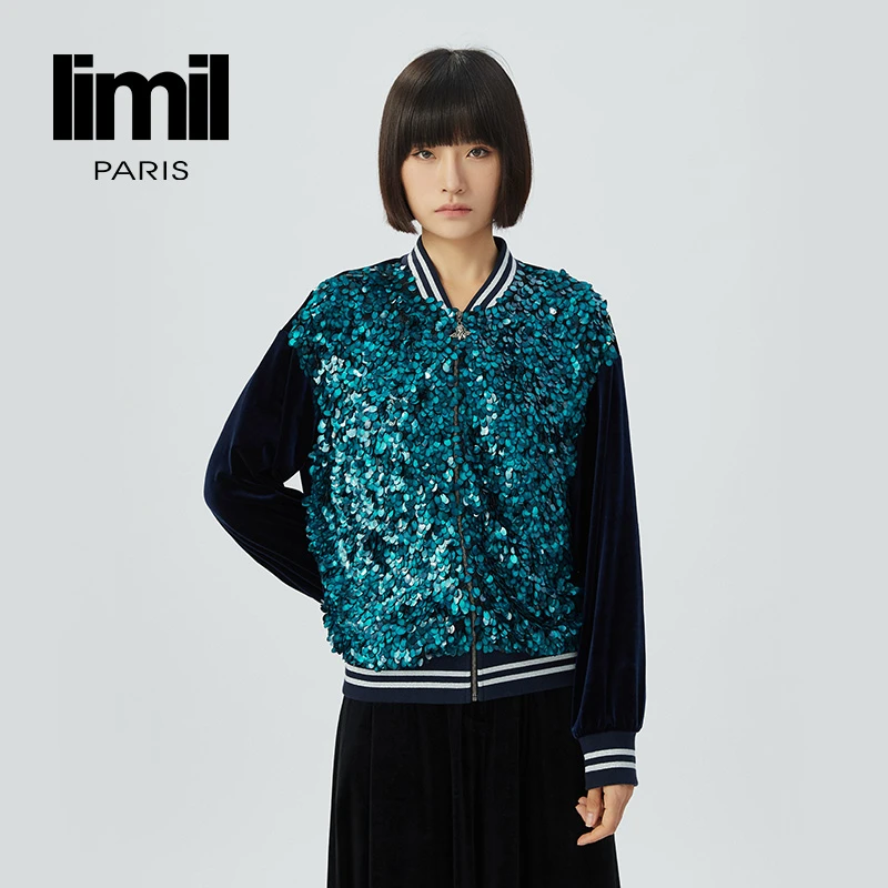 阿玛施丽米儿lil新款女装桑蚕丝亮片镶嵌休闲牛仔外套9400020