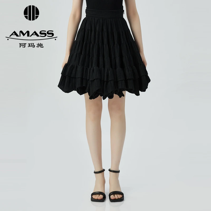 阿玛施AMASS质感黑柜压褶蓬蓬伞裙中高腰半身裙5200363