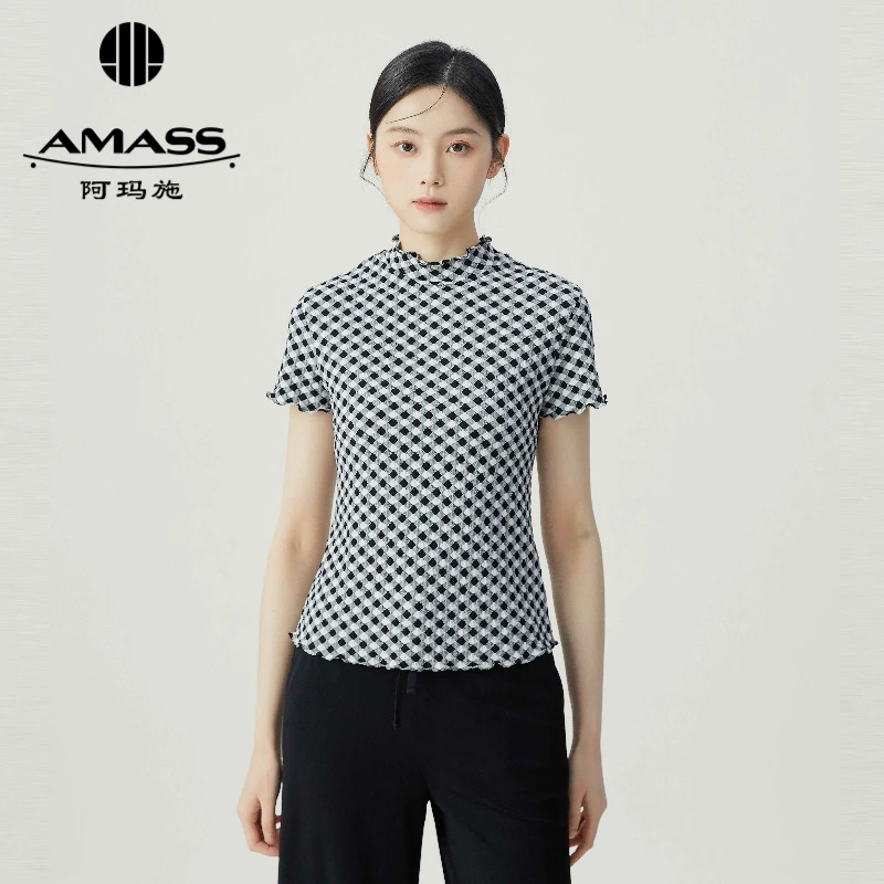 阿玛施AMASS新款百搭休闲通勤减龄葱纱烟管领短袖T恤女5300603-2