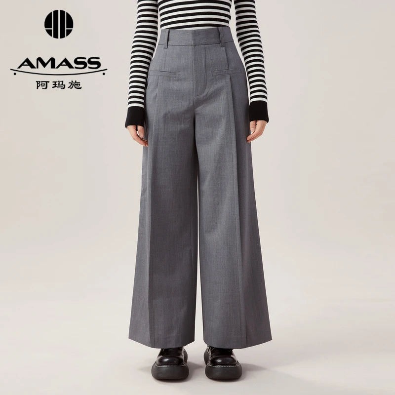 阿玛施AMASS新款时髦宽松绵羊毛裤轻职场简约高腰直筒长裤5100375