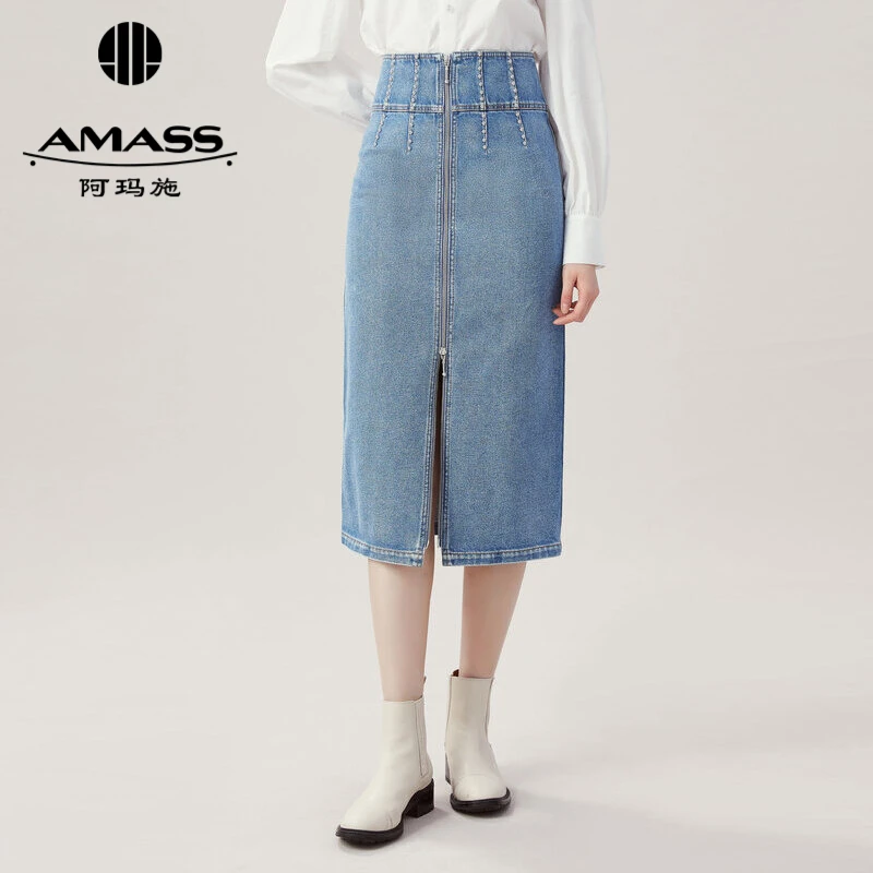阿玛施AMASS新款女装时髦中长款铆钉设计丹宁风牛仔包裙5200367