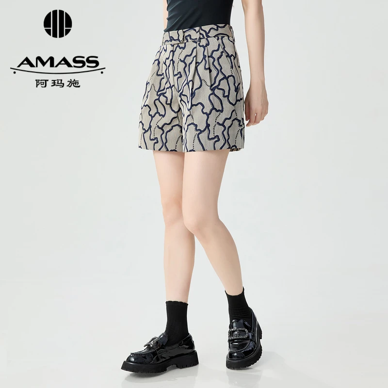 阿玛施AMASS新款女装复古光泽细闪中腰短裤显瘦黑色裤子5100511