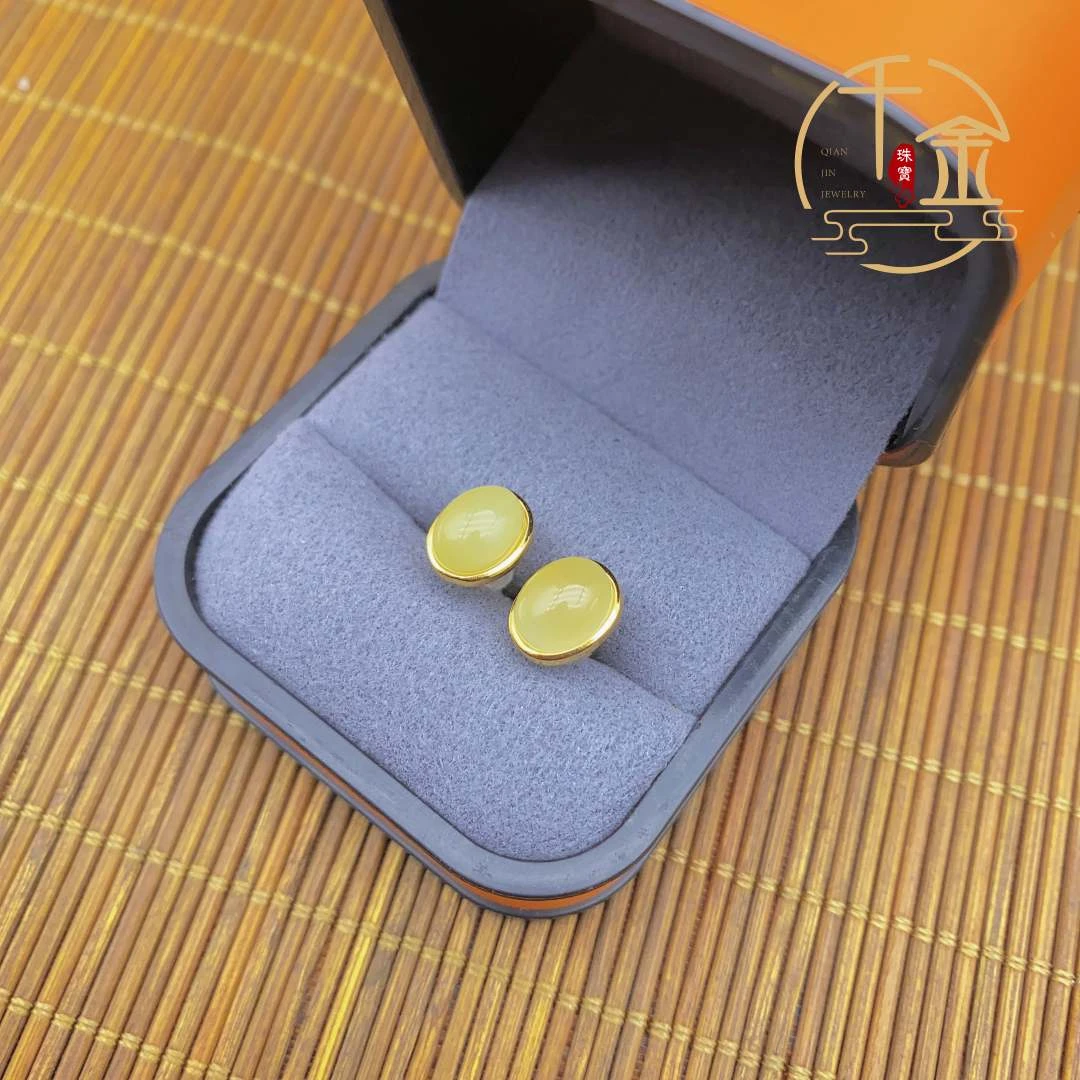 S925银和田玉黄口蛋面耳钉耳环耳饰+礼盒