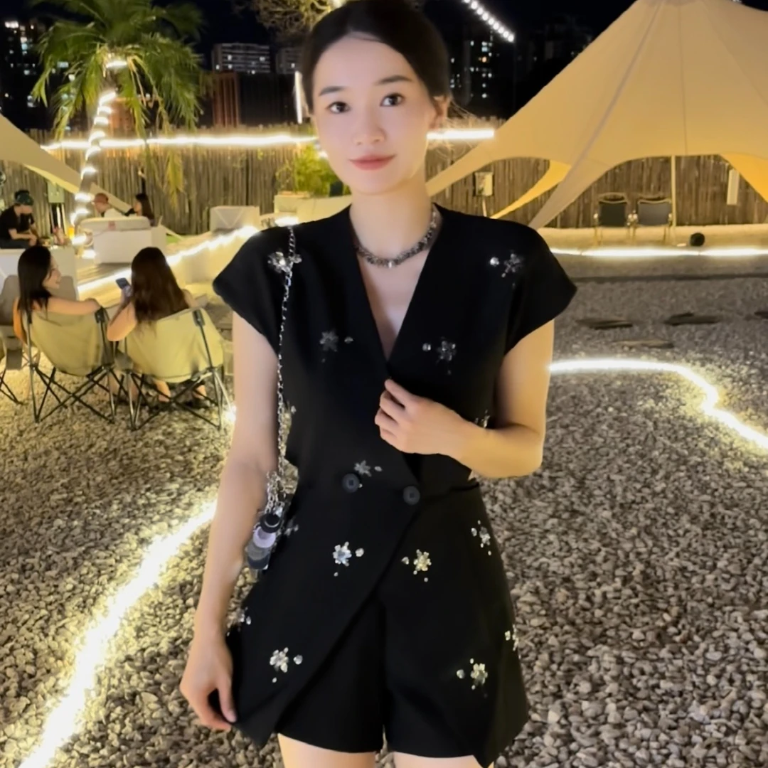 纯手工亮片西装套装女小飞袖袖马甲外套短裤两件套2024夏季