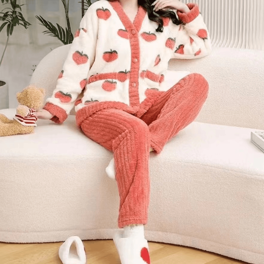 2023秋冬水蜜桃舒棉绒女士家居服睡衣套装加绒粉色加厚保暖甜美