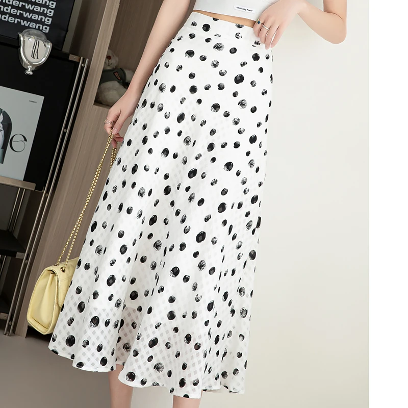 白色雪纺波点碎花 a字半身裙女春上新蛋糕半身裙2025新款高腰伞裙