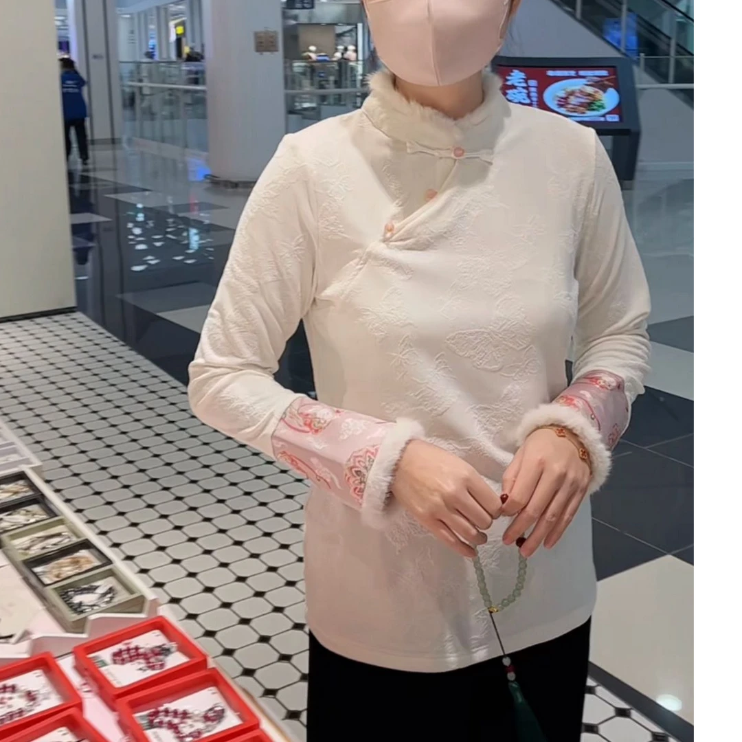加绒薄绒【瑞兔】秋冬新中式中国风上衣长袖T恤女衬衫立领打底衫