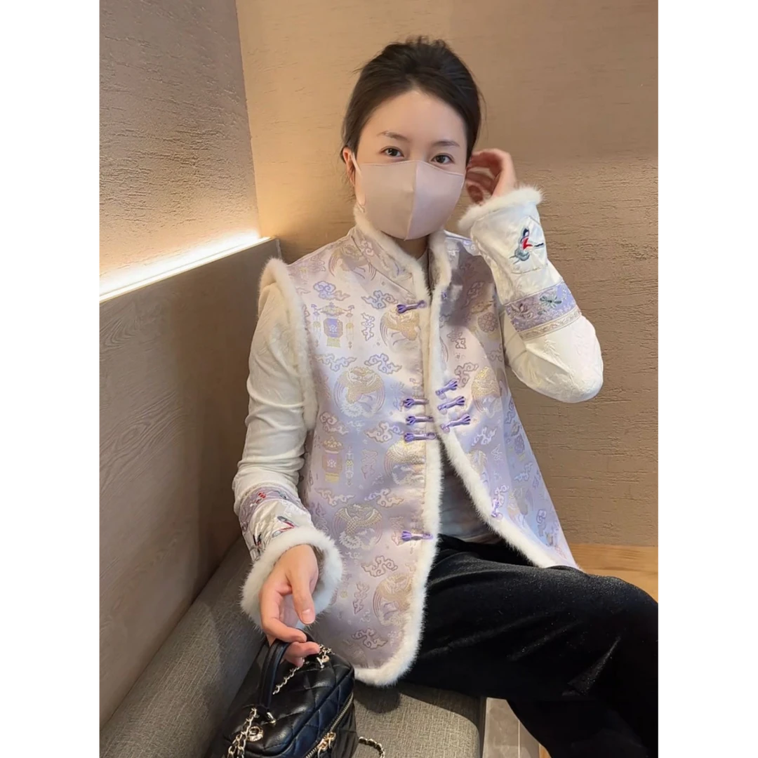 夹棉【云紫】马甲加厚宽松新中式百搭女士中国风马夹刺绣复古秋冬季