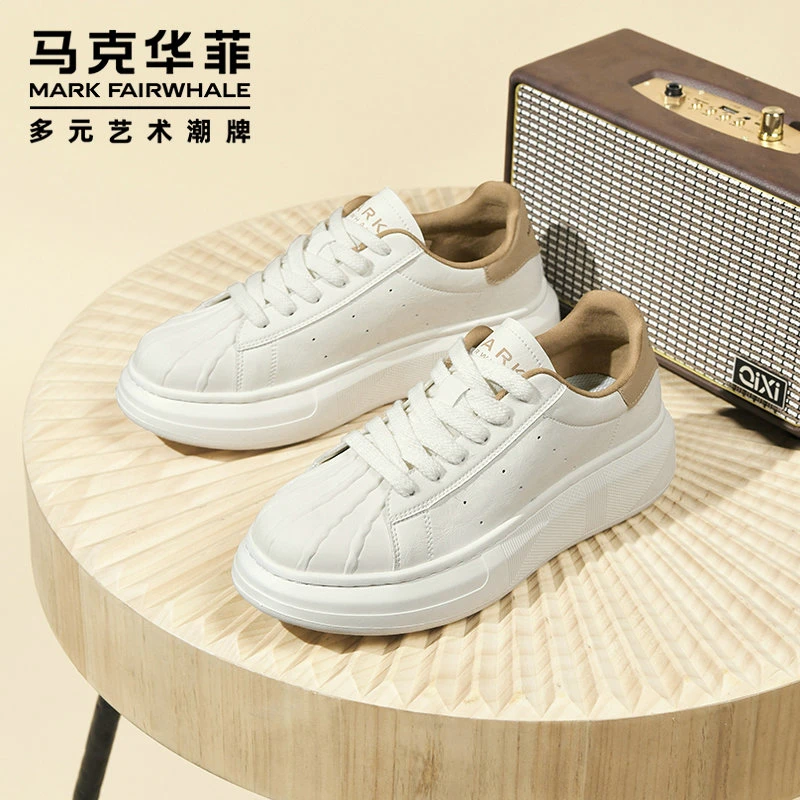 马克华菲男鞋贝壳头厚底增高板鞋秋季透气男士休闲潮鞋百搭小白鞋
