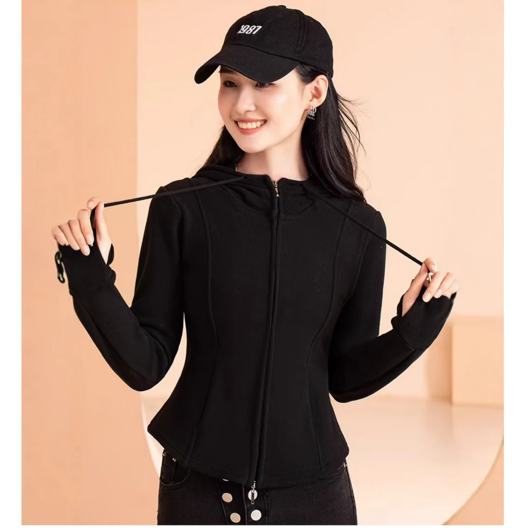 小蛮腰短款开衫连帽拉链卫衣秋冬外套收腰显瘦纯色外套