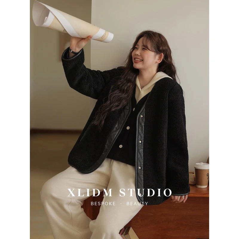 小俪自制大码女装颗粒绒软皮毛一体显瘦V领宽松秋冬外套CD2C18045