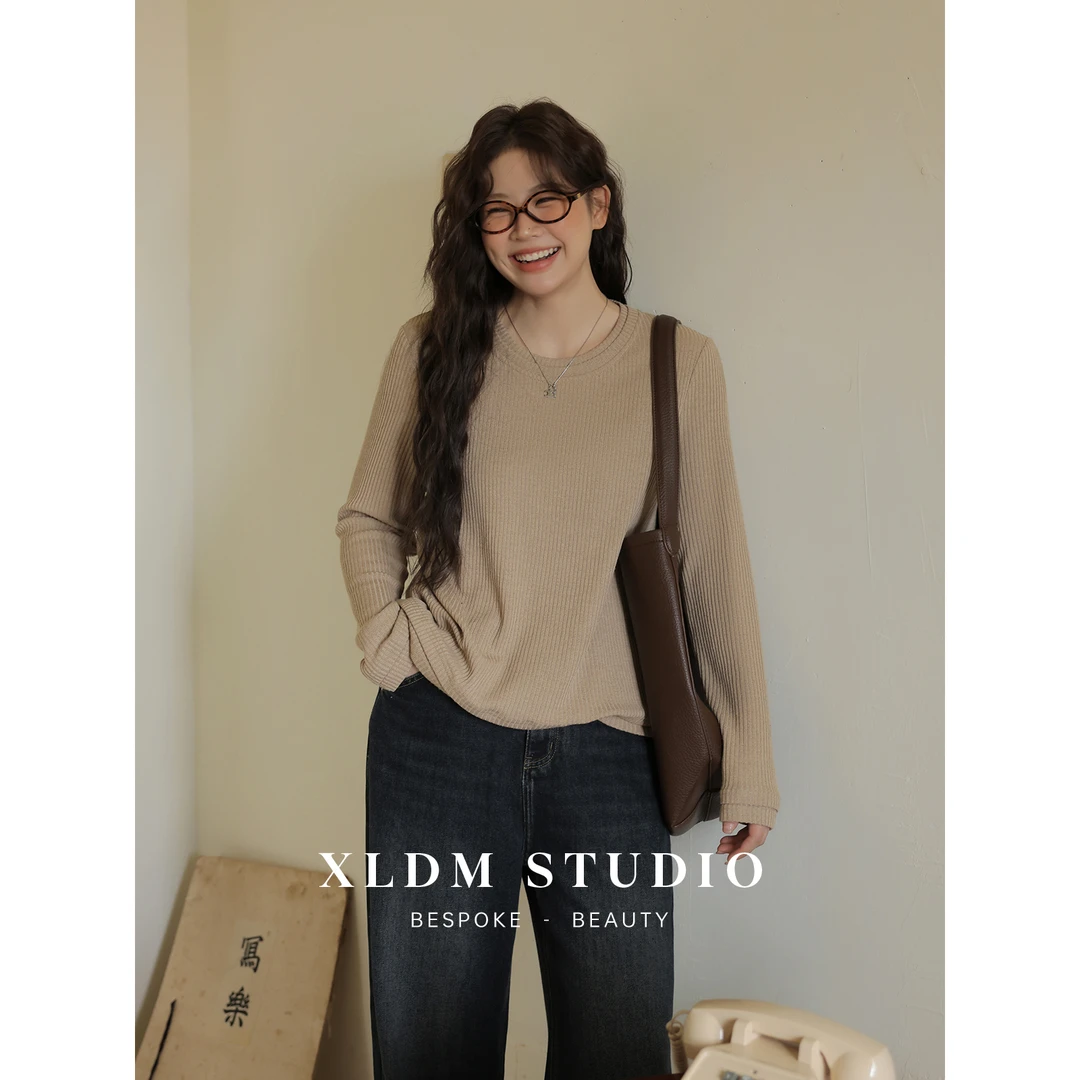 小俪自制大码女装云朵触感双领圆领基础秋季休闲长袖T恤243T02650