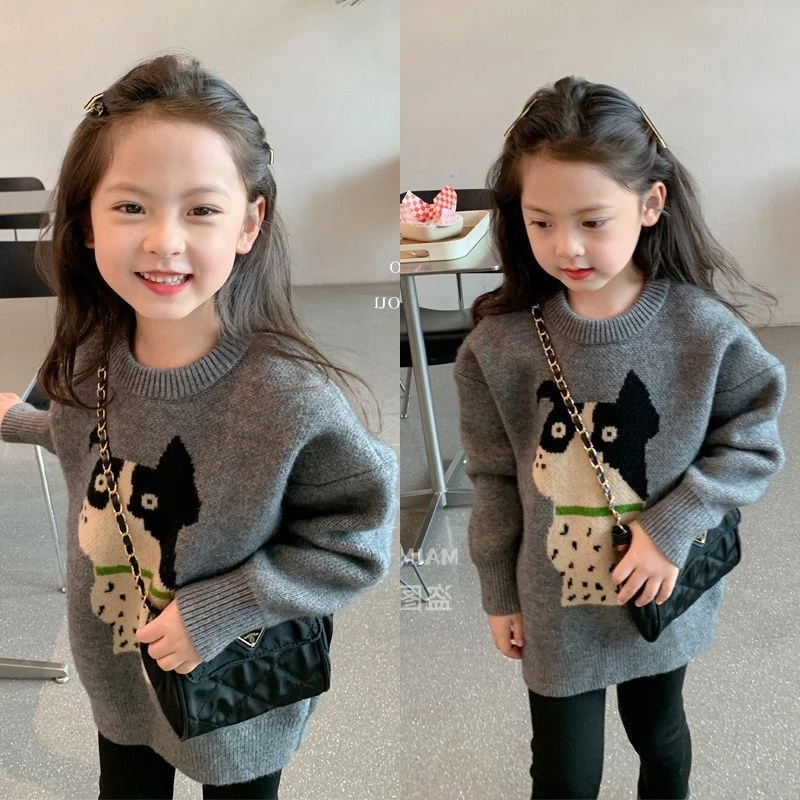 女童毛衣2024秋冬新款卡通休闲中长款针织套头衫儿童加厚百搭上衣