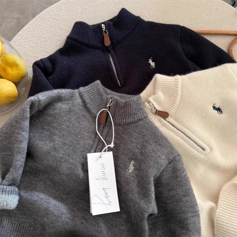 儿童毛衣男加绒冬季款中小童半拉链针织衫内外搭宝宝套头衫女加厚