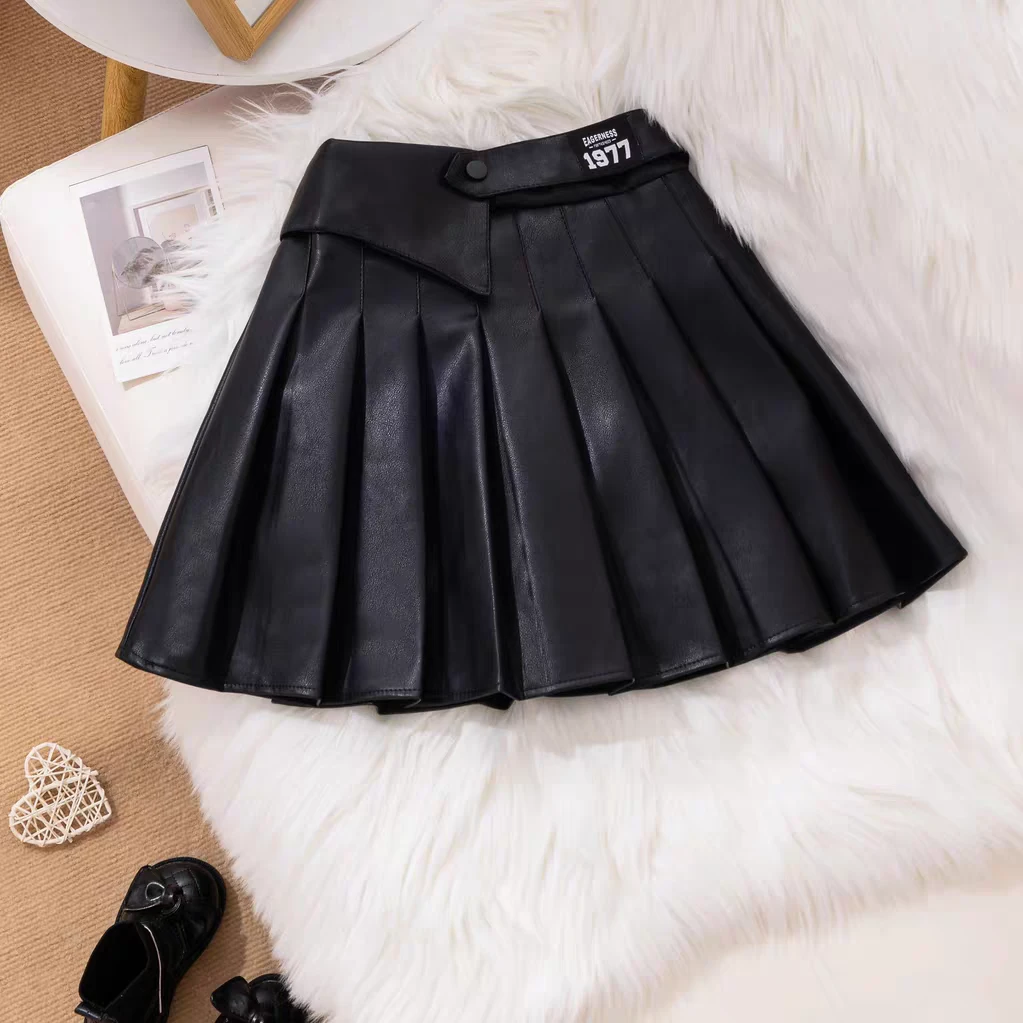 女童秋冬皮裙半身裙新款儿童洋气时髦百褶裙裙子女孩百搭款中大童