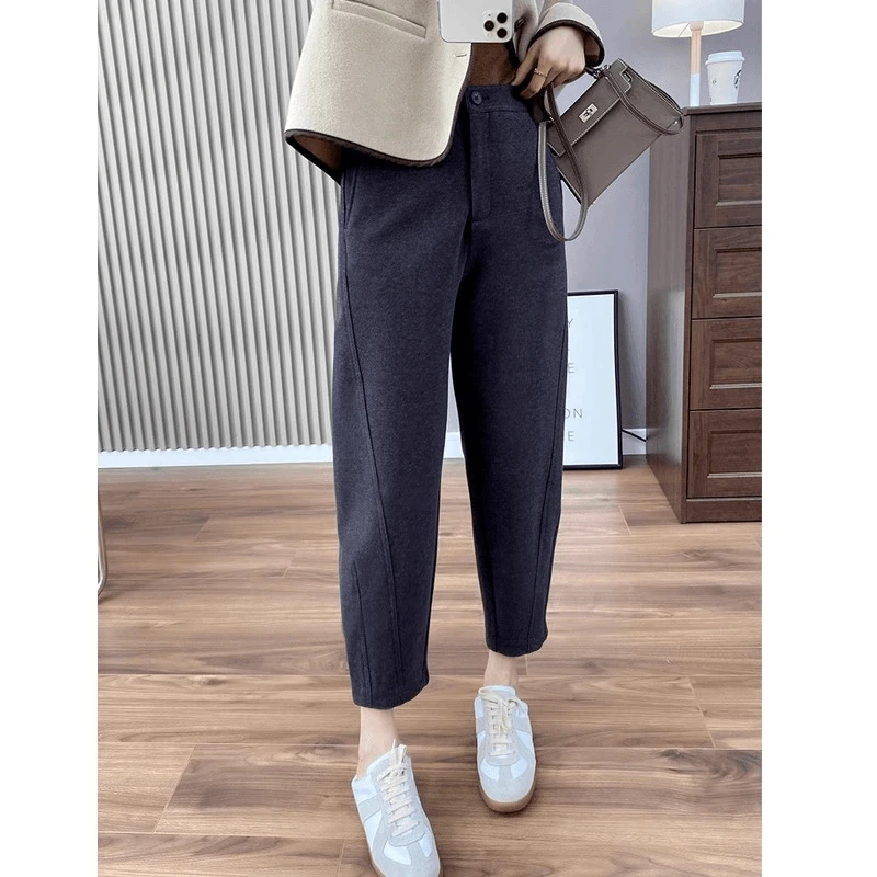 大码加绒加厚裤子女冬款显瘦毛呢哈伦裤梨形身材设计感九分萝卜裤