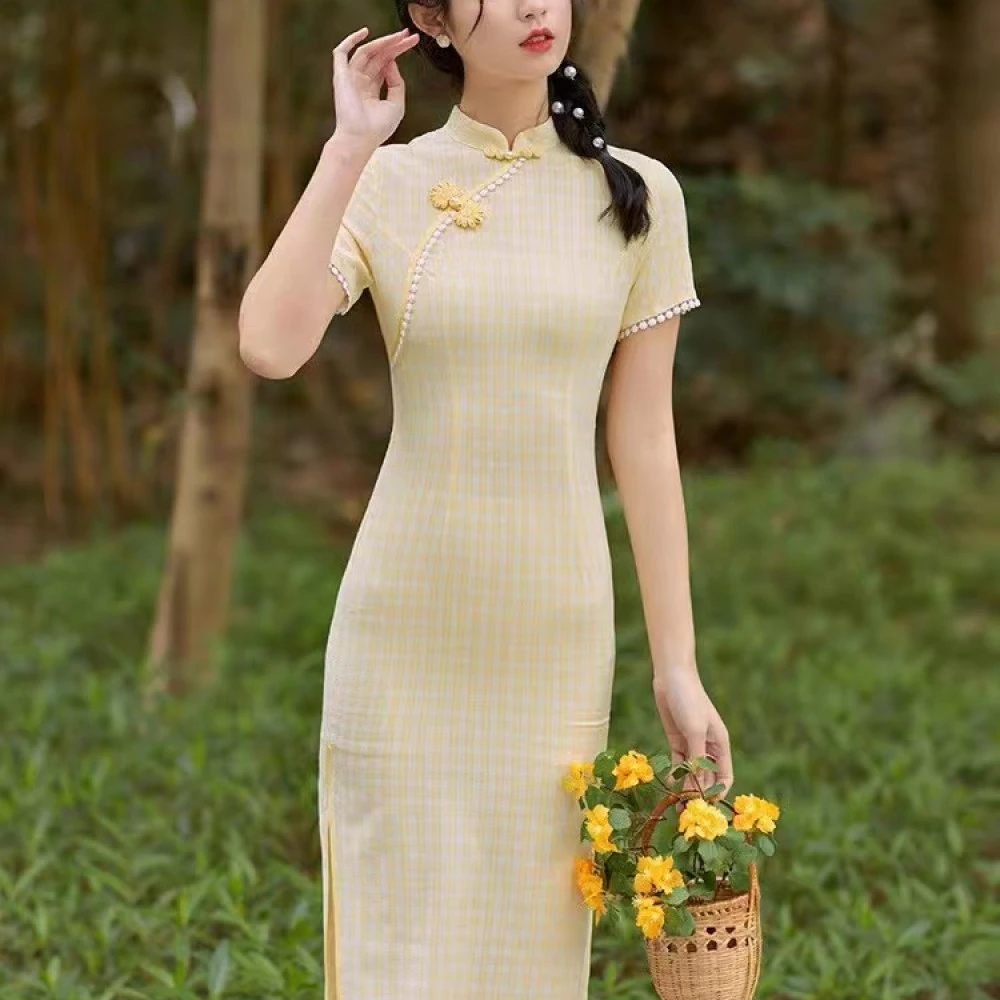 【010黄色花边小格】网红单层气质百搭款淑女显瘦旗袍蕾丝修身