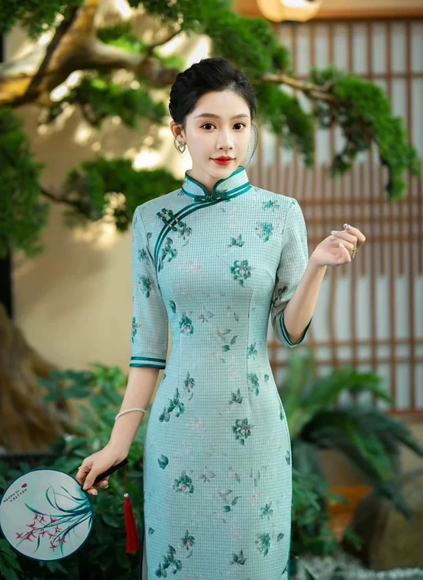 【1935 手工扣 绿碎花】显瘦气质修身优雅复古中国风旗袍