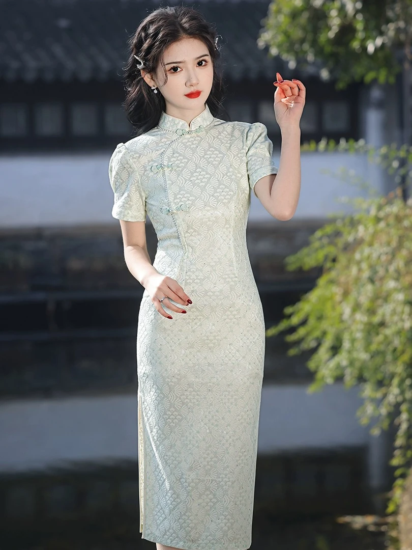 【1427 绿色 月满西楼】网红爆款显瘦中国风旗袍