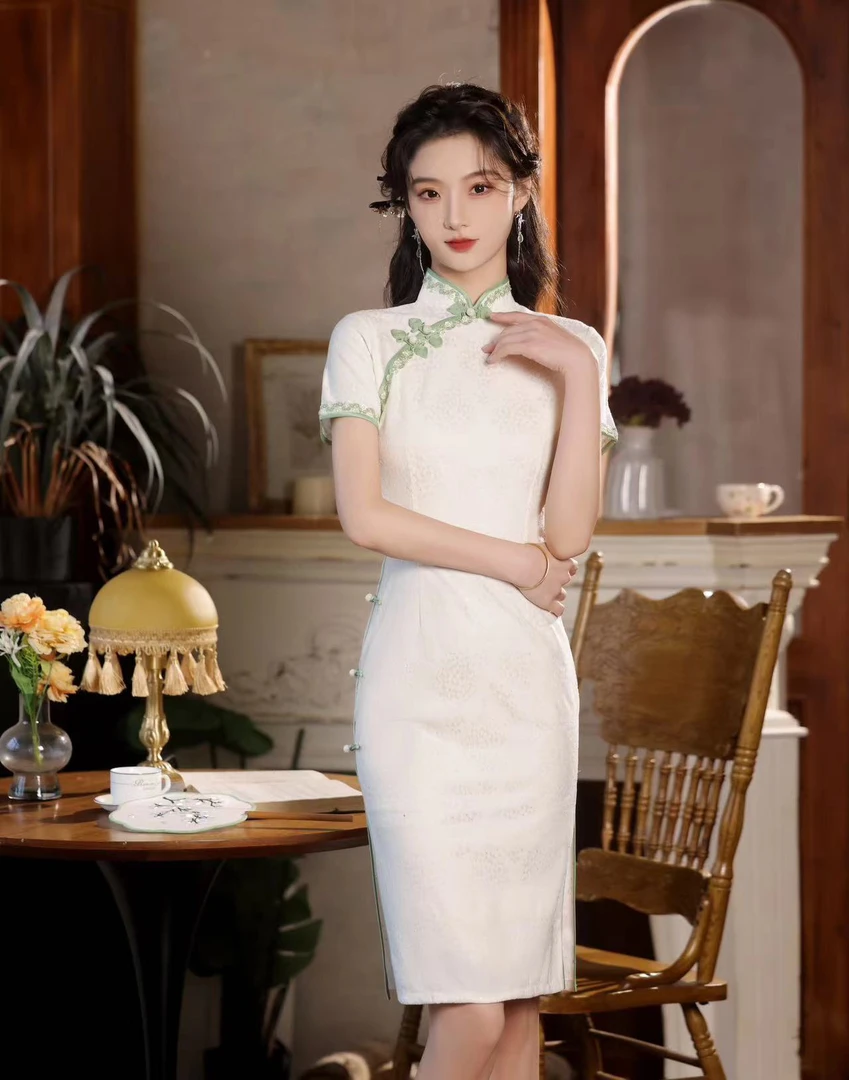 【1646 白色 盘扣 提花新款八扣】网红气质百搭款淑女显瘦旗袍蕾丝