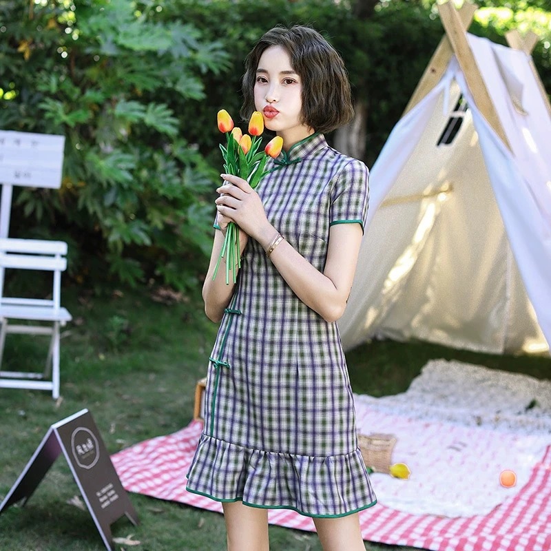 【1570 爆款小鱼尾 紫绿格】网红气质百搭款淑女显瘦旗袍蕾丝