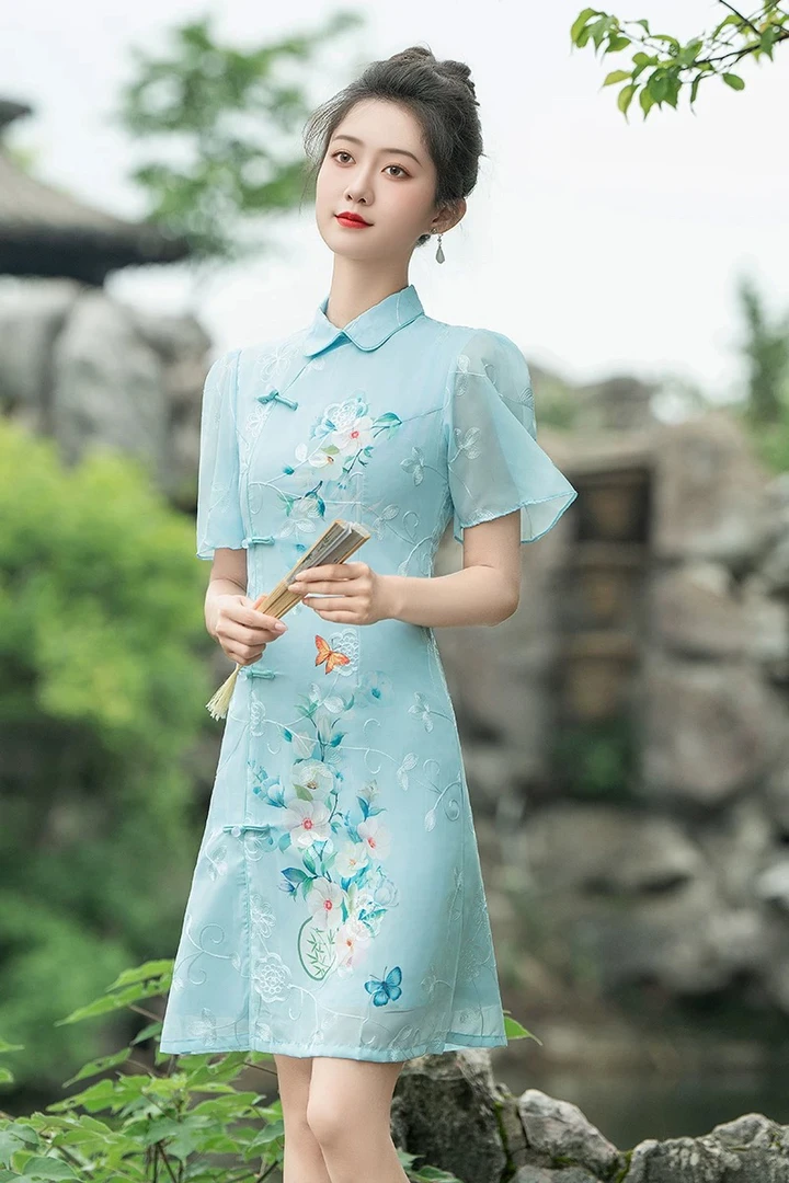 【1747 蓝色 低领奥黛】显瘦气质修身优雅日常印花复古中国风旗袍