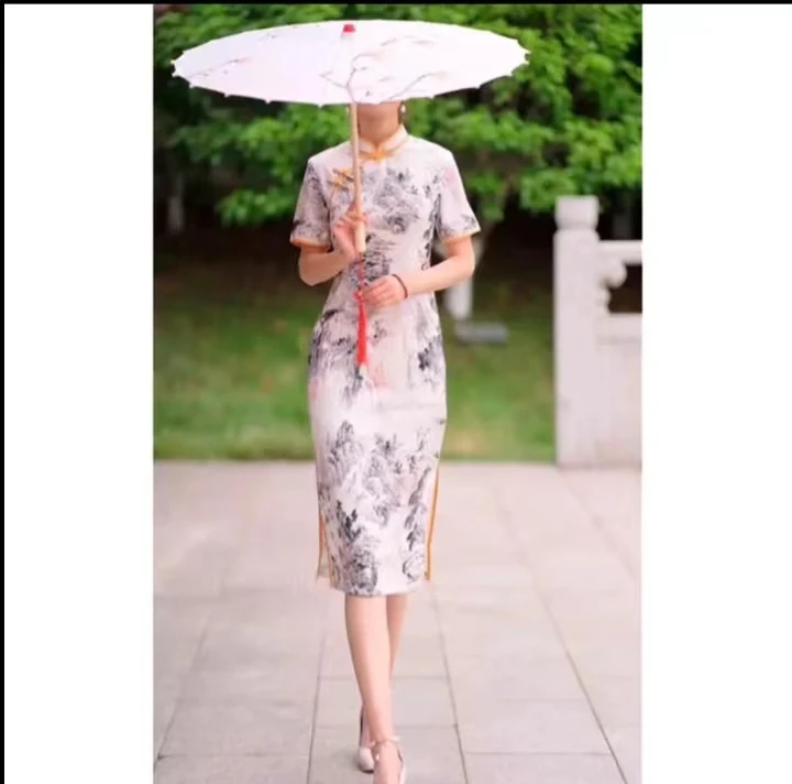 【1257爆款水墨画香槟色】网红爆款女显瘦中国风旗袍