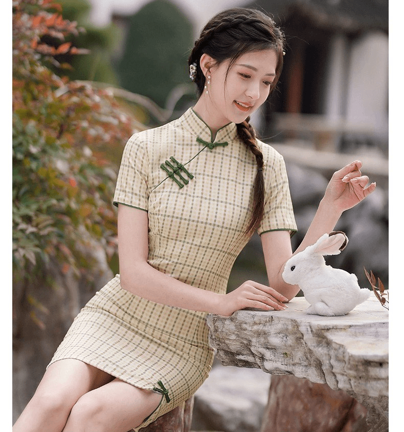 【1579 素雅小格】网红气质百搭款淑女显瘦旗袍蕾丝